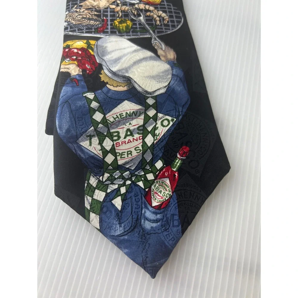 Tabasco Mens Silk Necktie‎ Black Novelty BBQ Grilling Hot Sauce Logo Print Tie